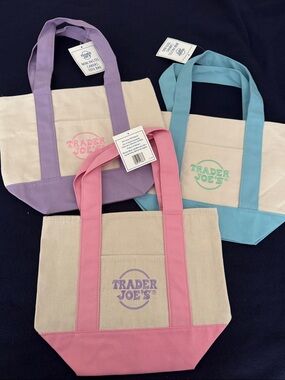 Trader Joe's Canvas Tote Bag - Pink, Lavender & Sky Blue Accents. Set of 3. NEW